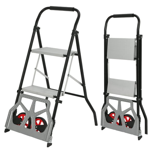 2/3 Step Ladder & Folding Hand Truck, 2 in 1 Aluminum Dolly Cart with Foldable Wheels, 220 LBS Capacity Hand Truck Dolly, Portable Step Stool with Wide Non-Slip Pedal for Household, Kitchen
