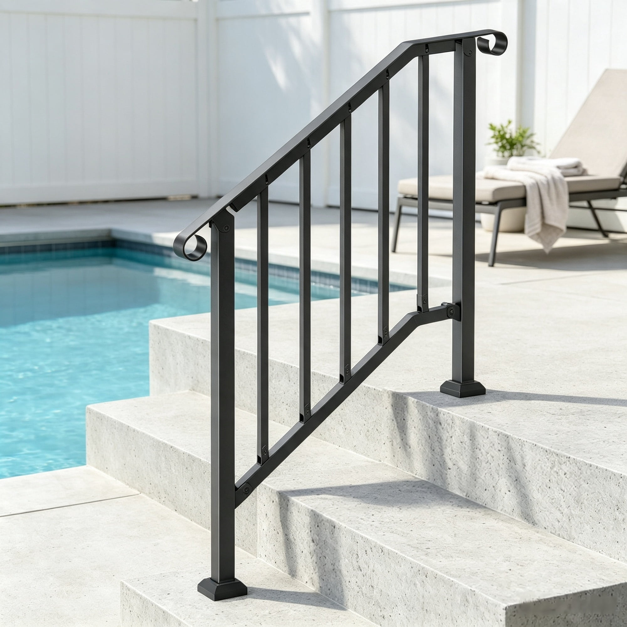 2-3 Step Outdoor Stair Handrail Kit, Black Retro Arch Carbon Steel Railing with Installation Kit