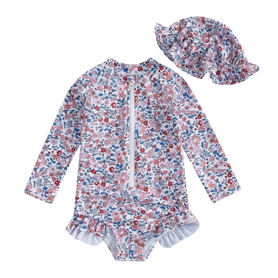 2-3 T Kids Bathing Suits Girls Summer Floral Print Zipper Rash Guard Swimsuit With Matching Cap For Baby Girls Beachwear