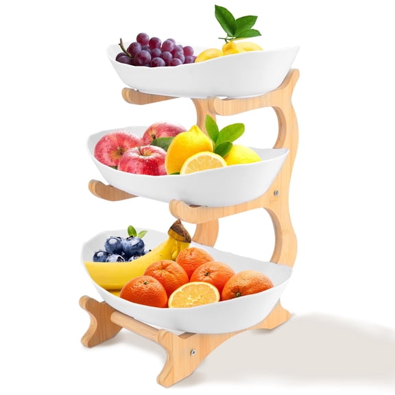 Wooden Fruit Bowl With Bamboo Wood Stand for Kitchen Counter,Plastic Fruit Basket for Vegetable Storage,Snack Dessert Cake Tray Plate Rack for Party Wedding - White