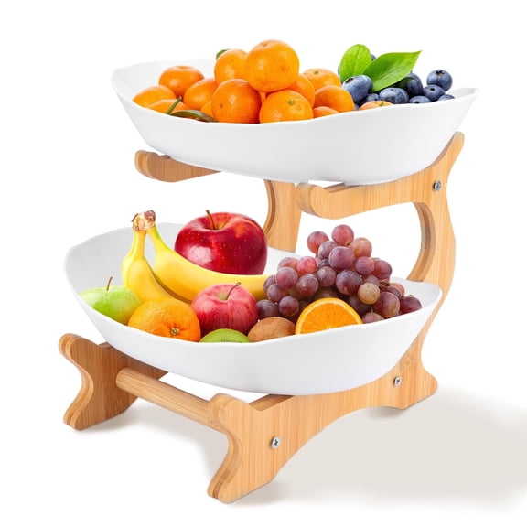 Wooden Fruit Bowl With Bamboo Wood Stand for Kitchen Counter,Plastic Fruit Basket for Vegetable Storage,Snack Dessert Cake Tray Plate Rack for Party Wedding - White