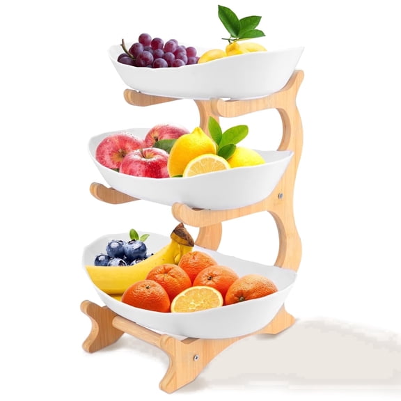 3-Tier Wooden Fruit Bowl with Bamboo Stand, Plastic Storage Basket for Vegetables, Snack & Cake Tray for Home, Party & Wedding