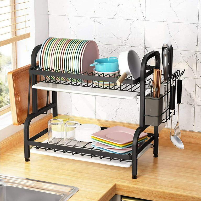 Kitchen Steel Over Sink Dish Drying Rack with Cutlery Holder Drainer  Organizer