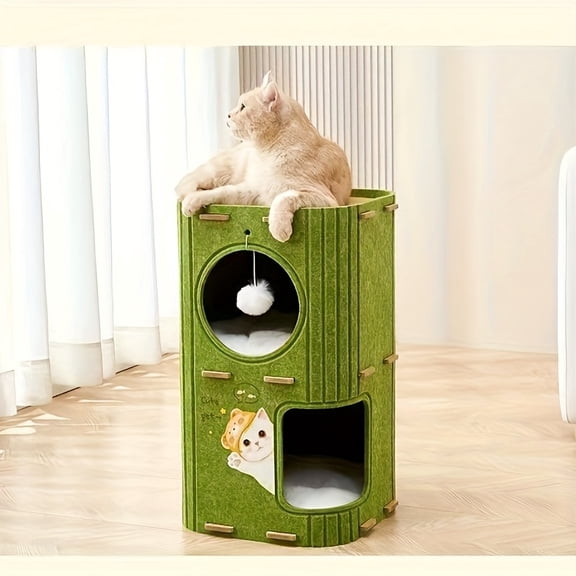 2/3-Tier Green Felt Cat Bed Scratch Resistant Square Cat Climbing Frame Safe Cat House For Multi-Cat Family Pet Entertain Nest