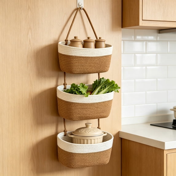 2/3 Tier Hanging Wall Storage Baskets, Woven Cotton Rope Organizer Mounted for Bathroom Kitchen Bedroom Entryway, Boho Style Vertical Wall Decor Housewarming Gift