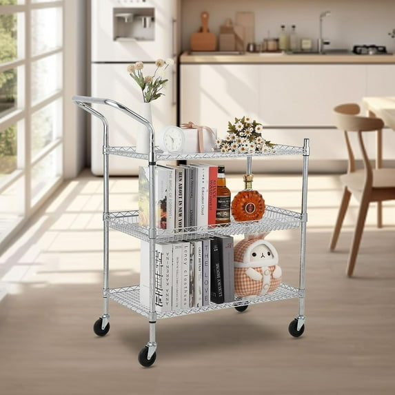 2/3 Tier Heavy Duty Commercial Grade Utility Cart, Wire Rolling Cart with Handle Bar & Wheels, Steel Service Cart, Utility Shelf Plant Display Shelf Food Storage Trolley