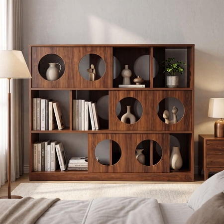 2/3 Tier Modern Geometric Bookshelf, Short Wide Horizontal Bookcase with Round Cutout Design, Low Wooden Cubby Storage Organizer Display Shelf