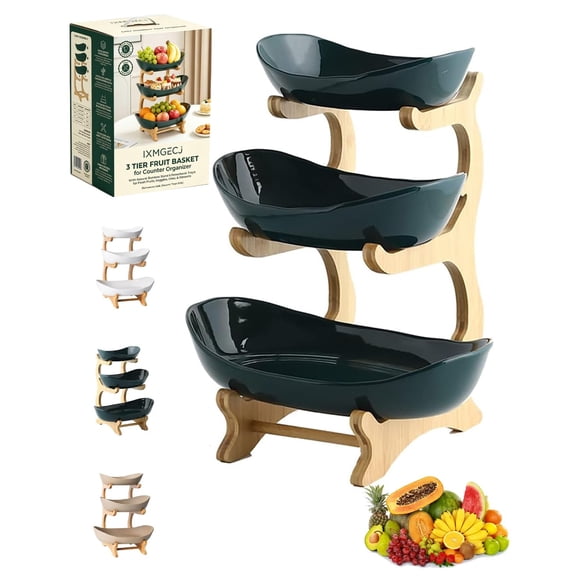 2/3 Tier Oval Fruit Basket Bowl for Kitchen Countertop with Bamboo Stand Rack Tiered Hanging Serving Fruits Vegetable Tray Produce Organizer Wooden Display Holder Stand Vertical Storage