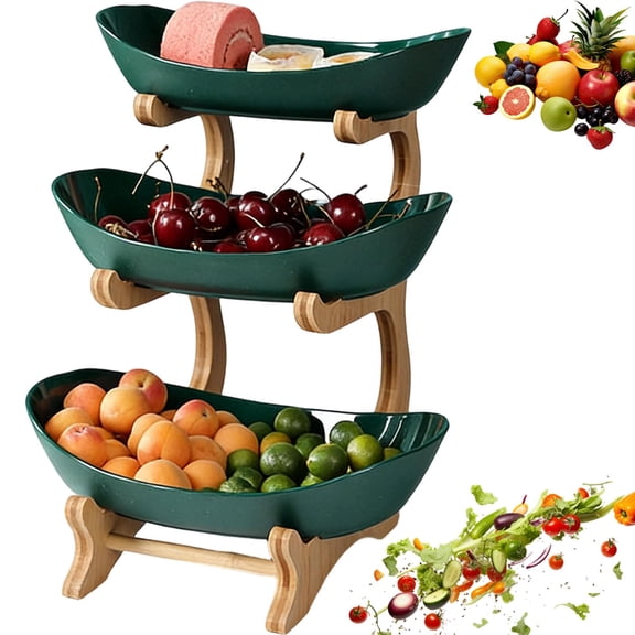 2/3-Tier Oval Fruit Basket with Bamboo Stand,Large Space-Saving Snack & Vegetable Display,Modern Home Decor for Kitchen Countertop