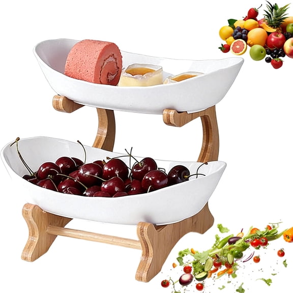 2/3-Tier Oval Fruit Basket with Bamboo Stand,Large Space-Saving Snack & Vegetable Display,Modern Home Decor for Kitchen Countertop