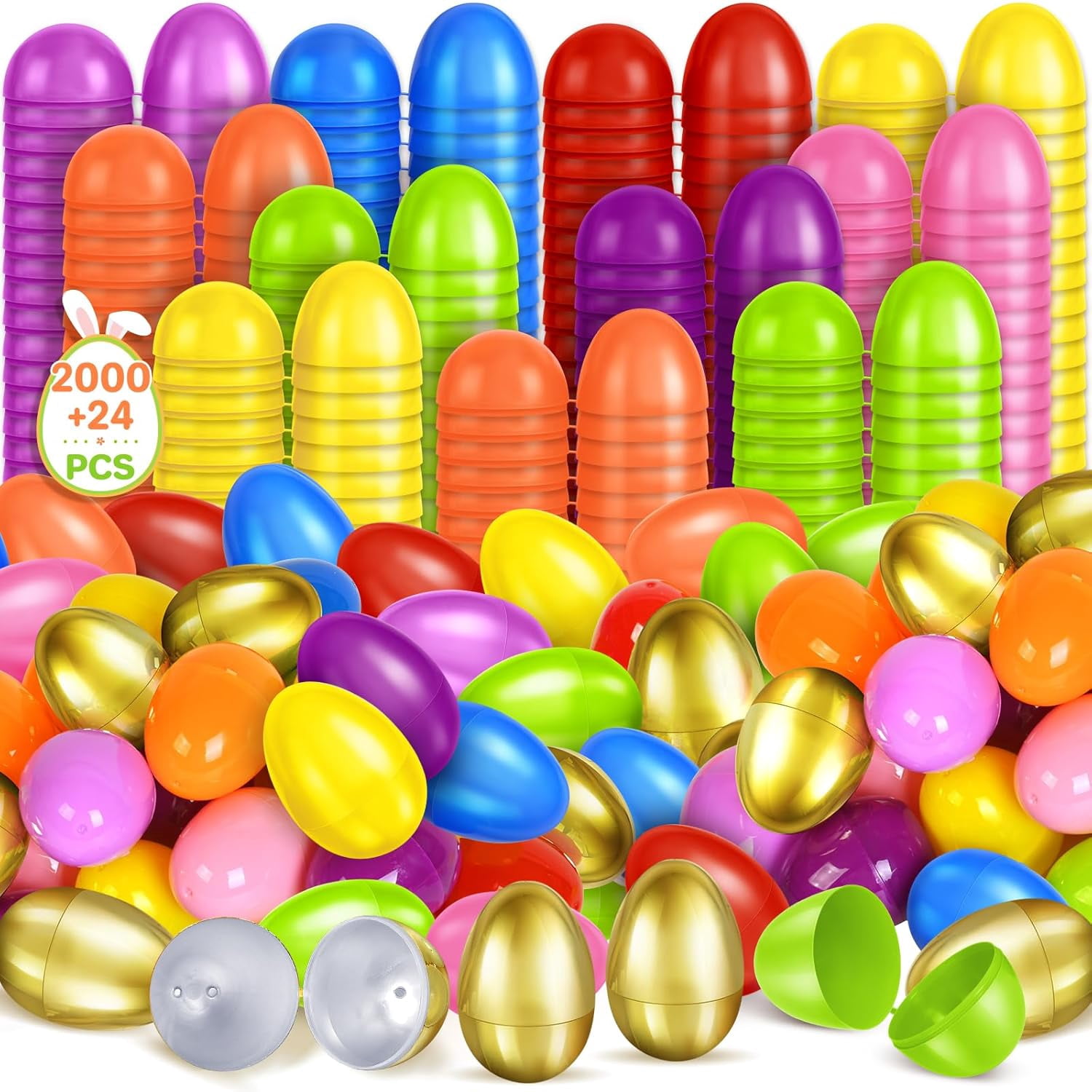 2.3” Unfilled Easter Eggs, 2000 pcs Colorful Egg Plus 24 Golden Egg, Empty Plastic Eggs Fillable with Candy, Treats, Presents for Toy Basket,Easter Decorations, Easter Egg Hunt