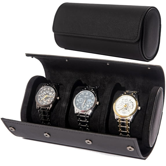 2/3 Watch Travel Case -Classic Leather Watch Case with Perfect Texture.Mens Watch Case for Travel Handcrafted by Craftsmen (Black Cross 3 Slot)