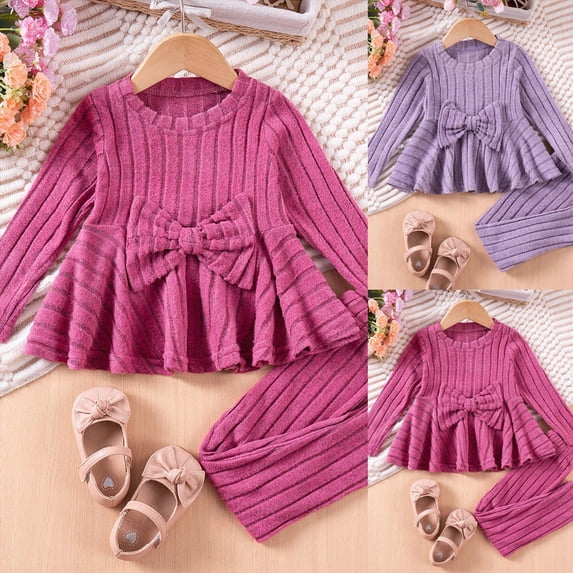 2-3 Years Girls Long Sleeve Pajama Set Toddler Baby Girl Fall Winter Clothes 2T 3T 4T 5T Outfits Long Sleeve Knitted Cotton Tops Pants Clothes Set Toddler Gift 3 6 12 18 24 Months,Purple