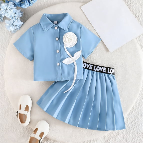 2-3 Years Girls School Uniform Sets Lapel Short Sleeves Shirt+ Pleated Mini Skirt Outfits Blue