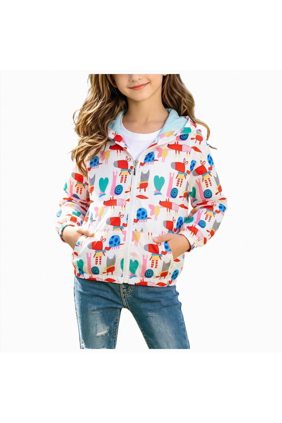 2-3 Years Toddler Girls Windproof And Sun Protective Jacket Cartoon Print Hoodie for Fall and Winter School Beige Sweatshirt