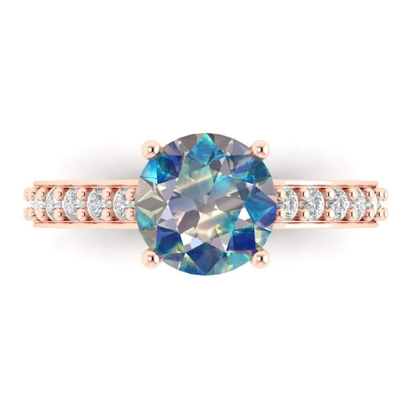 2.3 ctw Solitaire with Zirconia Diamond Accents Anniversary Ring for Women | Round Cut Blue Moissanite | Hyperallergenic Solid 18K Rose Gold