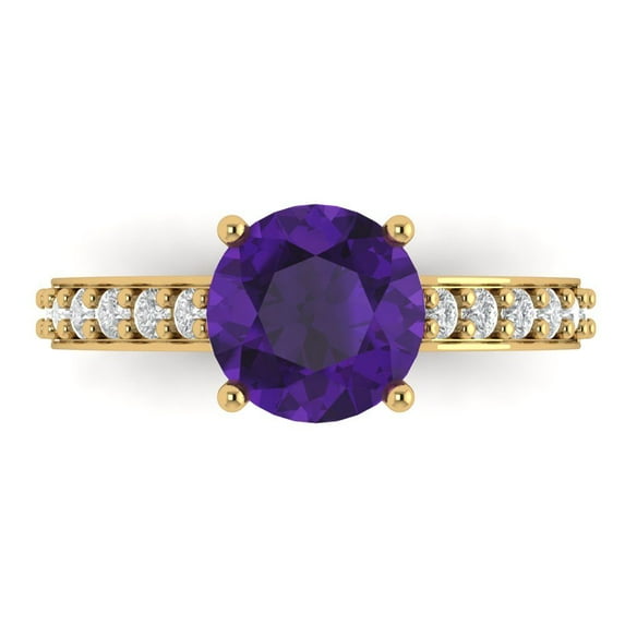 2.3 ct Round Cut Natural Amethyst Solitaire with Accents Engagement Ring for Women in 18K Yellow Gold