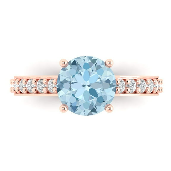 2.3 ct Round Cut Natural Aquamarine Solitaire with Accents Engagement Ring for Women in 14K Rose Gold