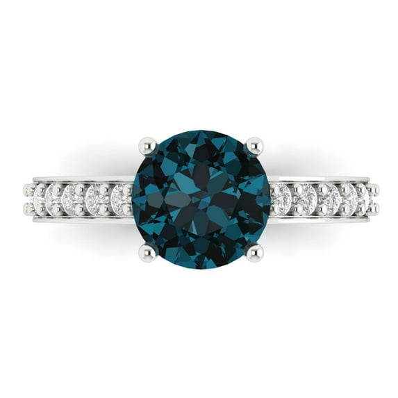 2.3 ct Round Cut Natural London Blue Topaz Solitaire with Accents Engagement Ring for Women in 18K White Gold