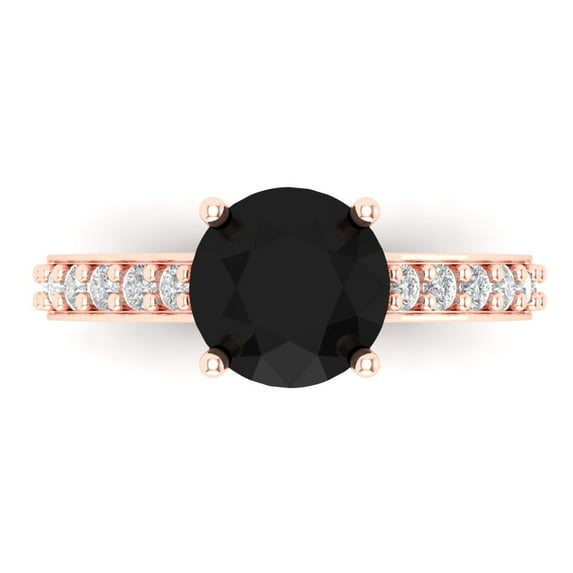 Clara Pucci 14K Rose Gold Solid Gold Onyx Solitaire with Accents Anniversary Ring for Women - 2.3 cttw Round Cut
