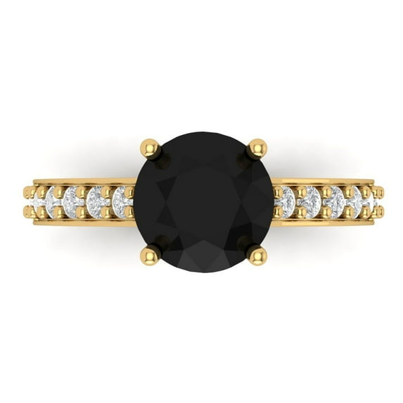 2.3 ctw Solitaire with Zirconia Diamond Accents Anniversary Ring for Women | Round Cut Natural Onyx | Hyperallergenic Solid 18K Yellow Gold