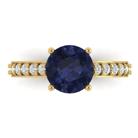 2.3 ct Round Cut Simulated Blue Sapphire Solitaire with Accents Engagement Ring for Women in 18K Yellow Gold