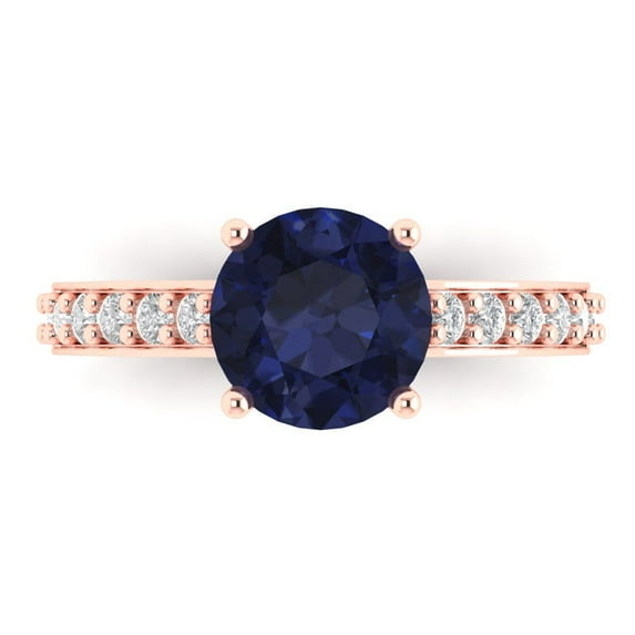 2.3 ct Round Cut Simulated Blue Sapphire Solitaire with Simulated Diamond Accents 18K Rose Gold Womens Engagement Ring