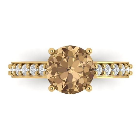 2.3 ct Round Cut Simulated Champagne Diamond Solitaire with Accents Engagement Ring for Women in 18K Yellow Gold
