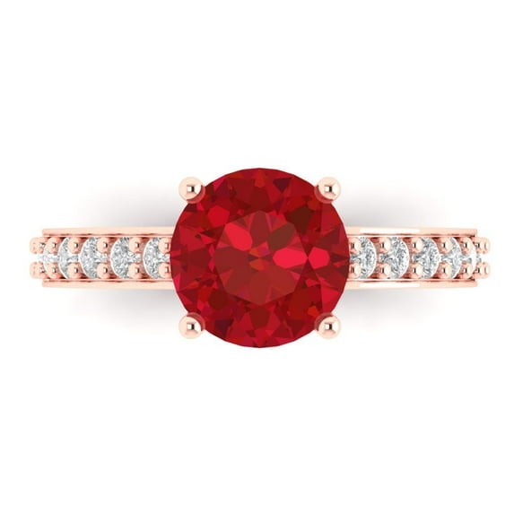 Clara Pucci 14K Rose Gold Solid Gold Ruby Solitaire with Accents Anniversary Ring for Women - 2.3 cttw Round Cut