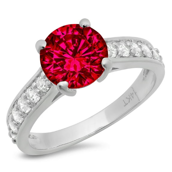 2.3 ct Round Cut Simulated Ruby Solitaire with Simulated Diamond Accents 18K White Gold Womens Engagement Ring