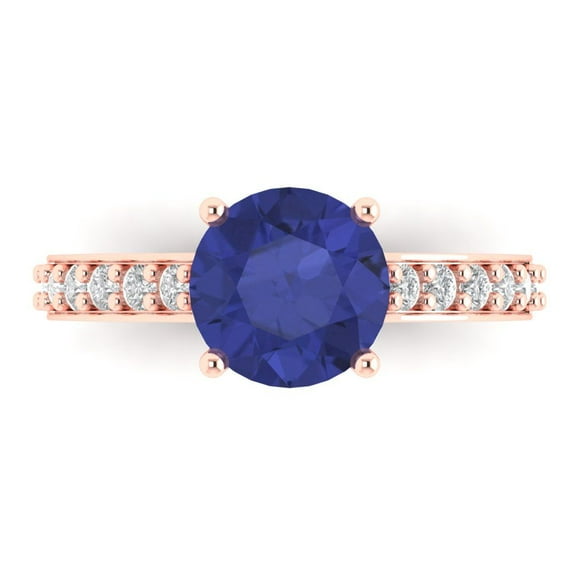 2.3 ct Round Cut Simulated Tanzanite Solitaire with Accents Engagement Ring for Women in 14K Rose Gold