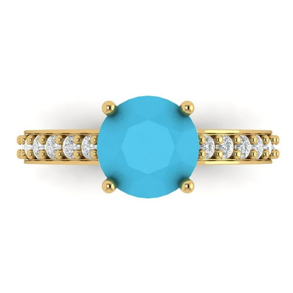 Clara Pucci 14K Yellow Gold Solid Gold Turquoise Solitaire with Accents Anniversary Ring for Women - 2.3 cttw Round Cut