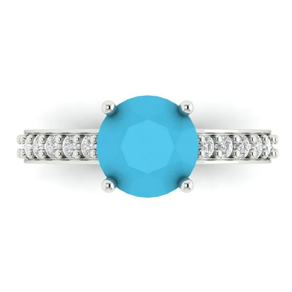 2.3 ctw Solitaire with Zirconia Diamond Accents Anniversary Ring for Women | Round Cut Simulated Turquoise | Hyperallergenic Solid 18K White Gold