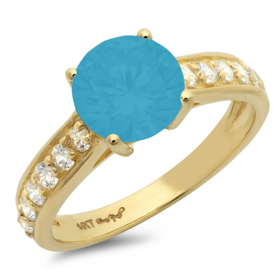 2.3 ct Round Cut Simulated Turquoise Solitaire with Simulated Diamond Accents 18K Yellow Gold Womens Engagement Ring