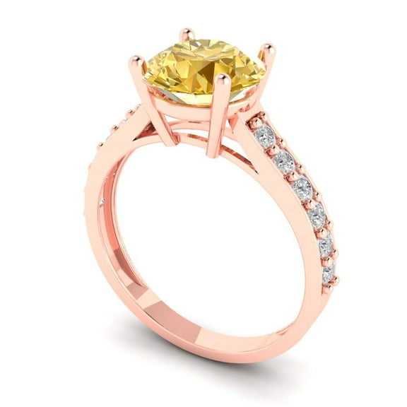 2.3 ct Round Cut Simulated Yellow Diamond Solitaire with Accents Engagement Ring for Women in 18K Rose Gold