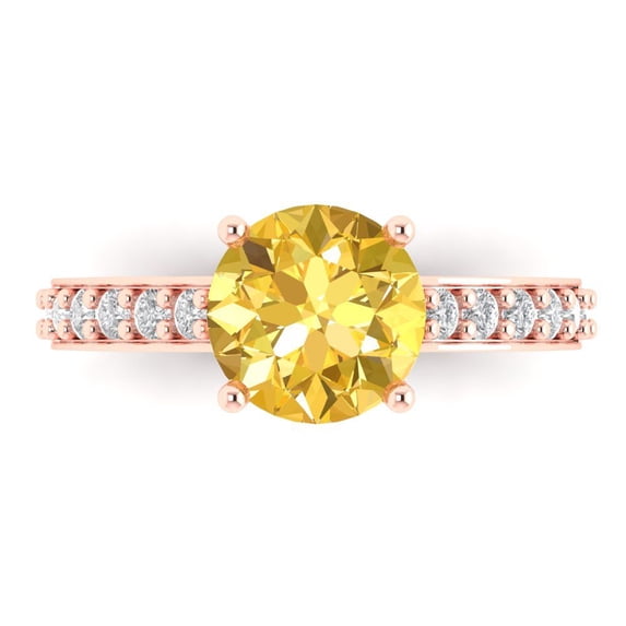 Clara Pucci 14K Rose Gold Solid Gold Yellow Solitaire with Accents Anniversary Ring for Women - 2.3 cttw Round Cut