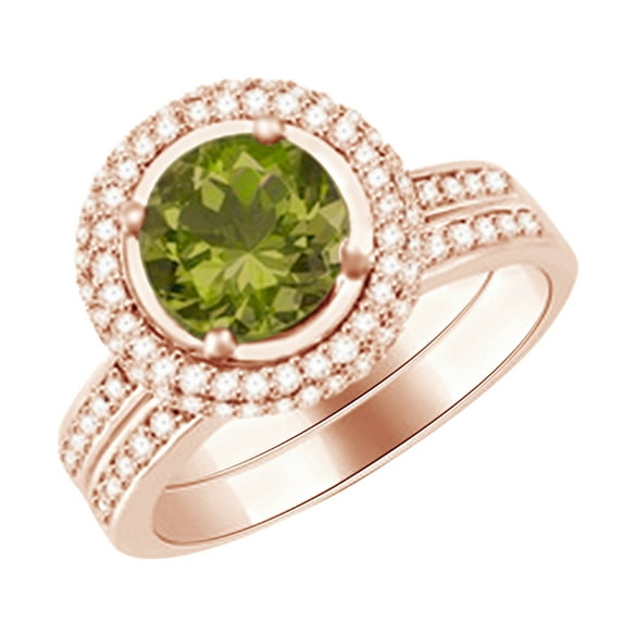 AFFY (2.3 cttw) Simulated Green Peridot & White Natural Diamond Halo Engagement Ring Set In 14k Rose Gold With Ring Size 6.5
