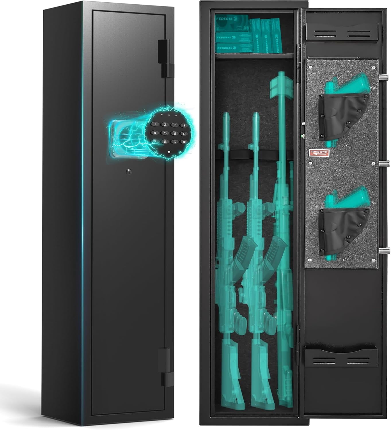 2-3 rifle and pistol safes, 180° quick-access digital gun cabinet (suitable for rifles and shotguns), modular gun cabinet with alarm system and silent mode.