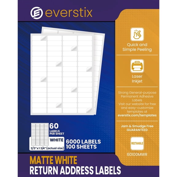 2/3" x 1-3/4", 100 Sheets, 6000 Return Address Labels for Laser & Inkjet Printers, Permanent Adhesive, Letter Size