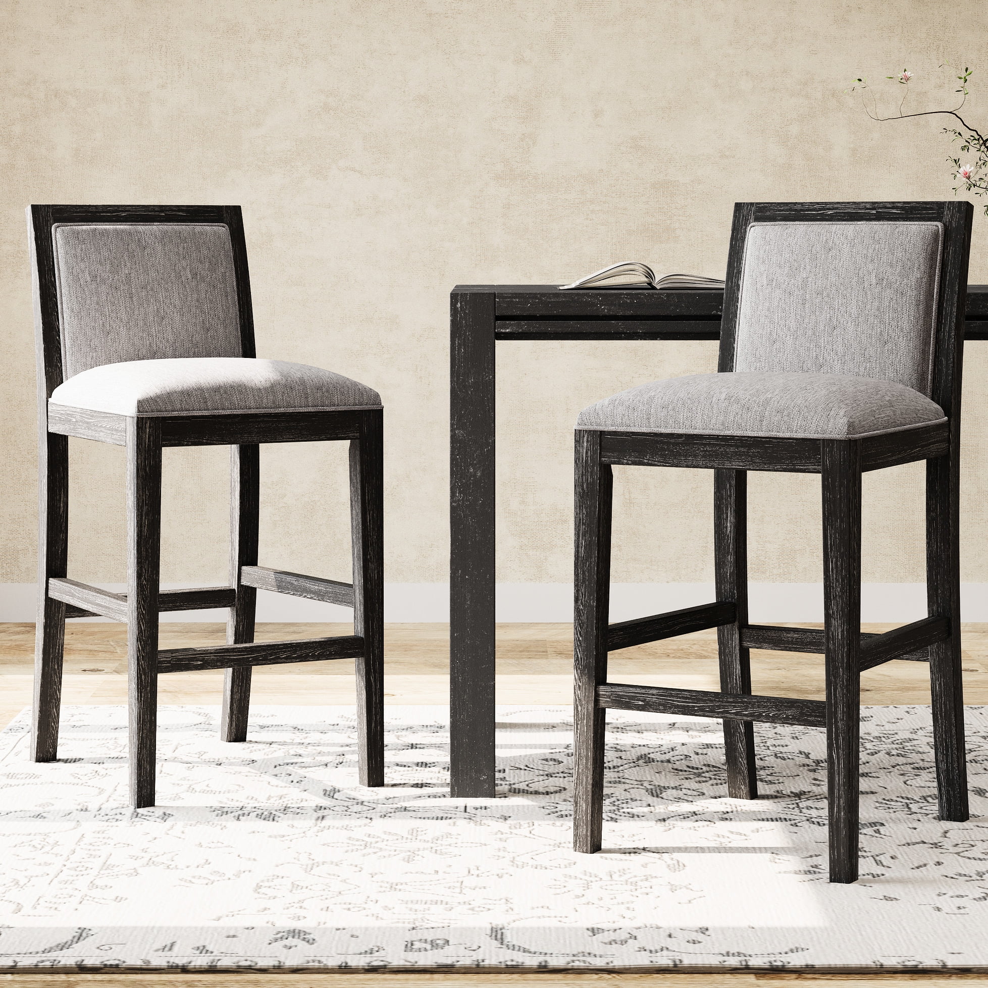 2 30.5" Bar Stools. Fabric Sponge Cushion And Rubberwood. Retro Chairs