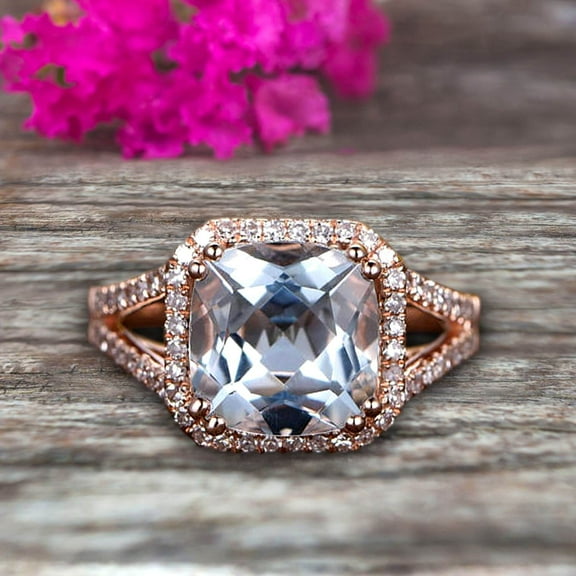 2.30 Carat Aquamarine Engagement Ring On 10K Rose Gold Anniversary Ring Halo 7mm Cushion Aquamarine