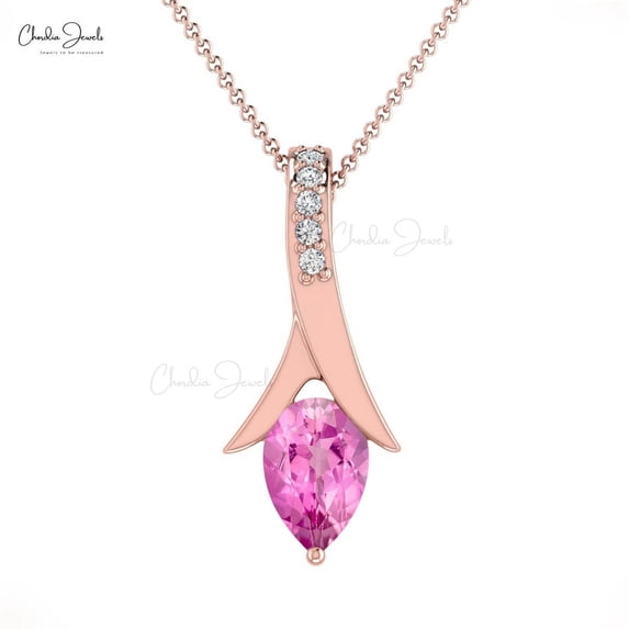 2.30 Ct Pear Shaped Pink Sapphire Gemstone Real Diamond Wonderful New Design Necklace for Ladies Solid 18K Rose Gold With 18 inches Chain