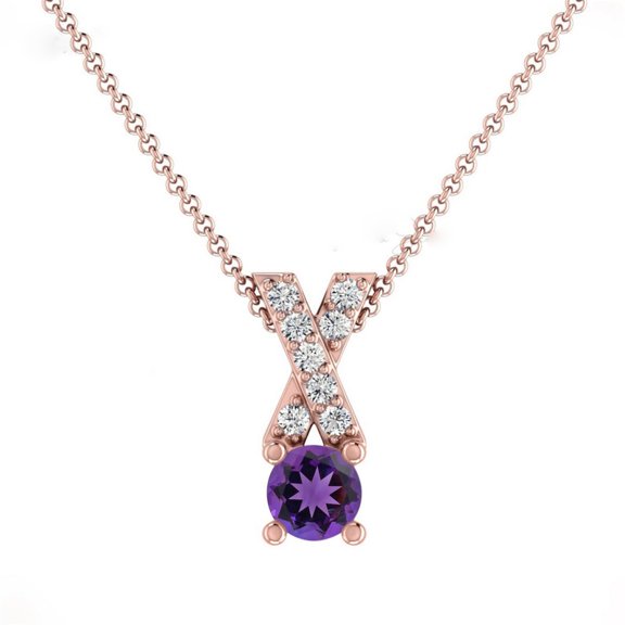 2.30 Ct Round Shaped Amethyst Gemstone and Genuine Diamond Sparkle Necklace for Ladies Solid 14K Rose Gold With 18 inches Chain