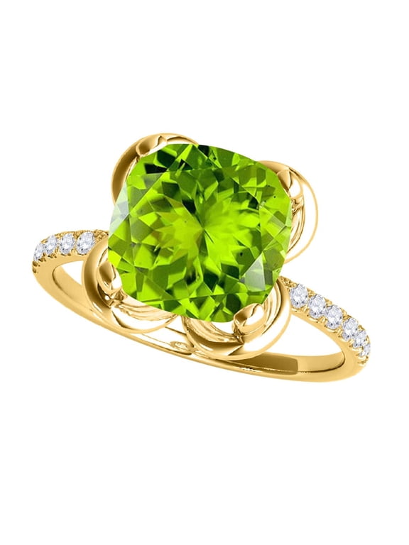 2.30 Carat Cushion Cut Peridot & Diamond Ring for Women in 10K Yellow Gold, Birthstone Engagement Promise Anniversary Ring