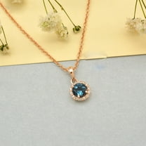 2.30 T.C.W Brilliant Round Shaped Blue Topaz Gemstone Real Diamond Wonderful Halo Necklace for Women in Solid 14K Rose Gold With 18 inches Chain