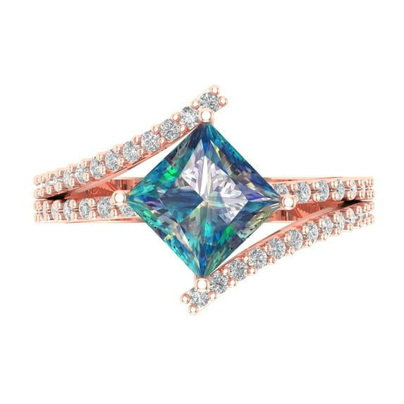 2.3075 ctw Solitaire with Zirconia Diamond Accents Anniversary Ring for Women | Princess Cut Blue Moissanite | Hyperallergenic Solid 18K Rose Gold