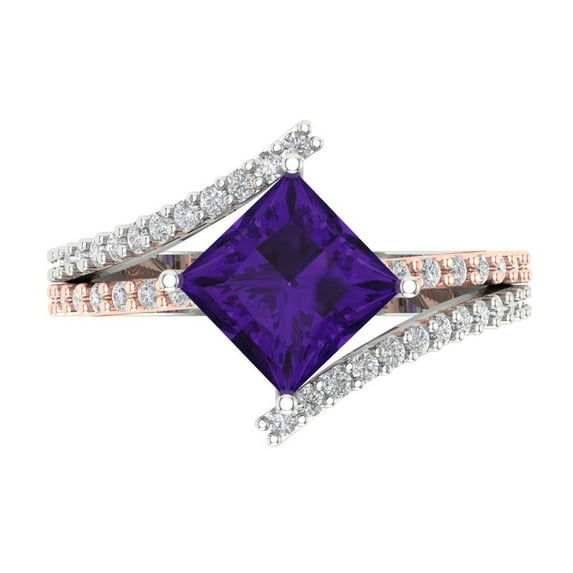 2.3075 ct Princess Cut Natural Amethyst Solitaire with Simulated Diamond Accents 14K White/Rose Gold Womens Engagement Ring