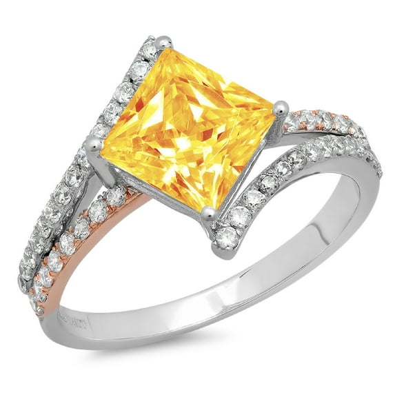 2.3075 ct Princess Cut Natural Citrine Solitaire with Simulated Diamond Accents 18K White/Rose Gold Womens Engagement Ring