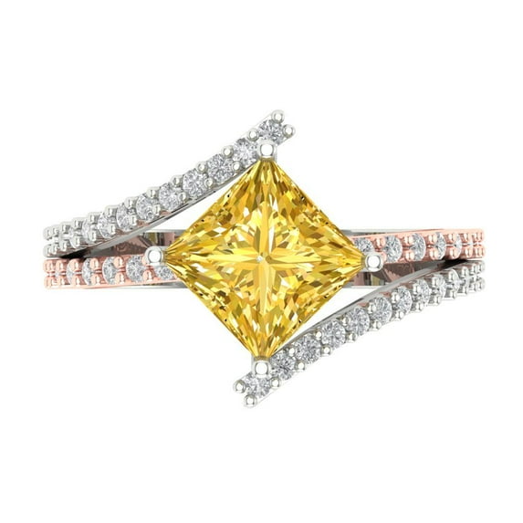 2.3075 ct Princess Cut Natural Citrine Solitaire with Simulated Diamond Accents 18K White/Rose Gold Womens Engagement Ring