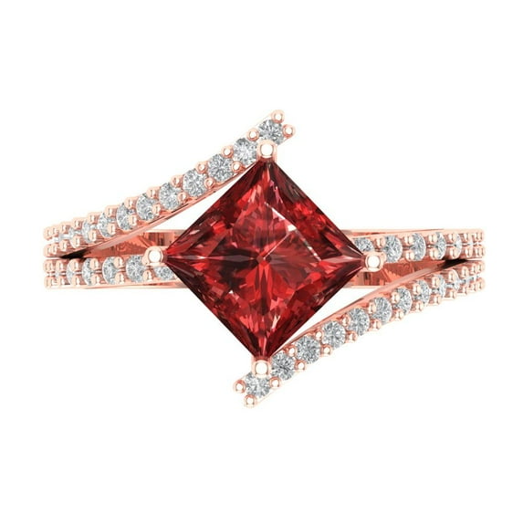 2.3075 ct Princess Cut Natural Garnet Solitaire with Simulated Diamond Accents 14K Rose Gold Womens Engagement Ring